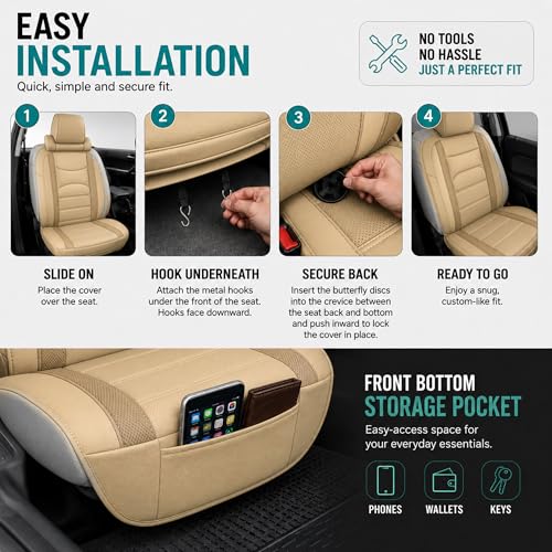Image of FH Group Front Set Faux Leather Car Seat Cushions for Low Back Seat, Universal Fit, Airbag Compatible Seat Cover for SUV, Sedan, Beige Tan