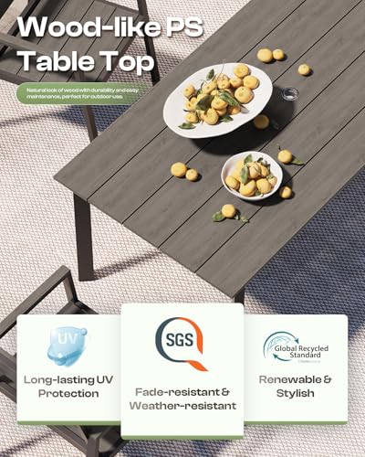 Image of 67 inch Rectangle HDPS Patio Dining Table, Aluminum Outdoor Patio Dining Table with Umbrella Hole, Weather-Resistant for Lawn, Garden, Yard, Poolside and Indoor Use (Gray & Teak)