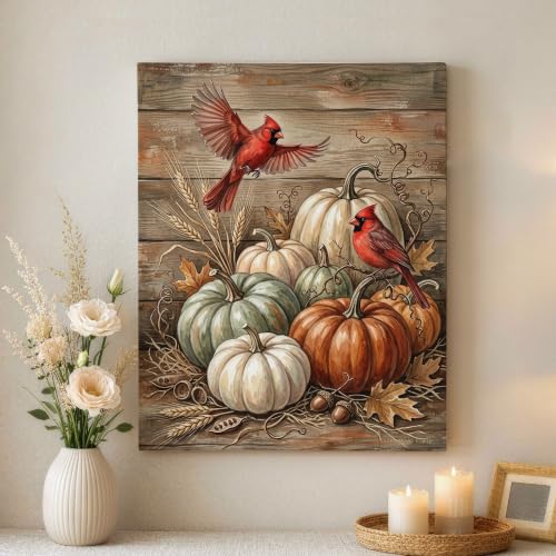 Cuadro decorativo de calabazas y hojas otoñales en lienzo de gran calidad