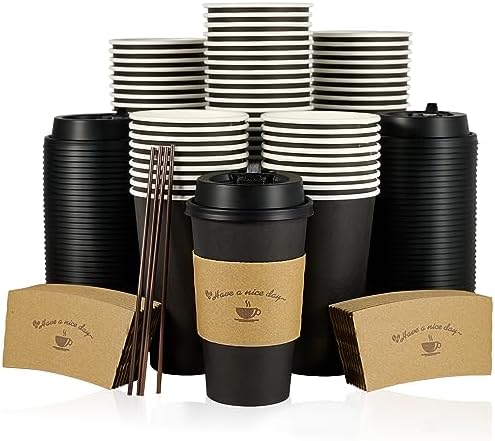 LITOPAK 100 Pack 16 oz Paper Coffee Cups with Lids, Black Disposa...