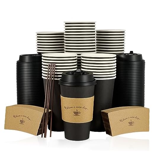 LITOPAK 100 Pack 16 oz Paper Coffee Cups with Lids, Black Disposable Coffee Cups with Lids, Sleeves and Stirring Sticks, for Parties, Picnic, Travel, and Events