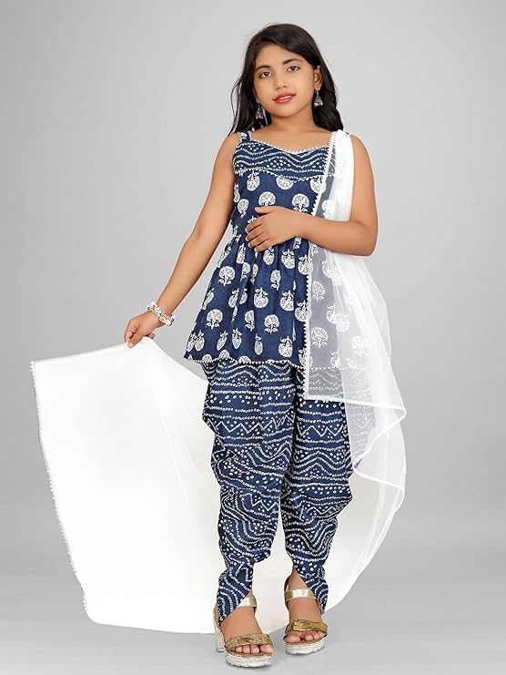 Image of Suhana Fashion Girls Dress Girls Cotton Kurti Top with Dhoti Kurta Set & Dupatta