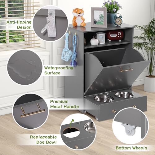 TITIMO Pet Feeder Station,Dog Food Storage Cabinet Container with 2 Pull Out Dog Elevated Bowls and Hanger,Pet Toy Storage Organizer,Feeding & Watering Pet Supplies (Gray)