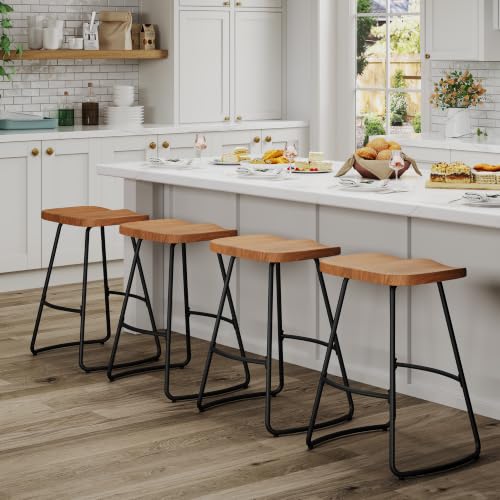 Image of Awonde Backless Metal Bar Stools Set of 4, Large Wood Seat Counter Stools