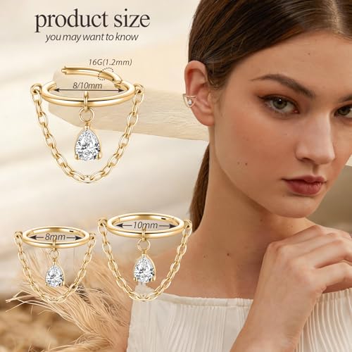 PEAKLINK Dangle Conch Hoop Earring 16G Chain Conch Jewelry 316L Surgical Steel Cartilage Helix Earlobe Orbital Earring Gold Hinged Segment Clicker Rook Tragus Piercing Septum Nose Ring 8mm by PEAKLINK - Used condition - Image 2