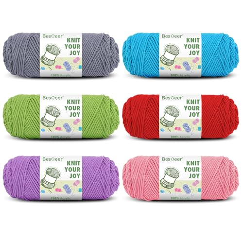 Image of Besgeer Whtie Yarn for Crocheting, Knitting, Tufting, Craft, 6 Pack of 100g /3.5oz Crochet Yarn, 4 Medium (Worsted), 654 Yards - 100% Acrylic (6 Colors：Green, Blue, Pink, Red, Gray, Purple)
