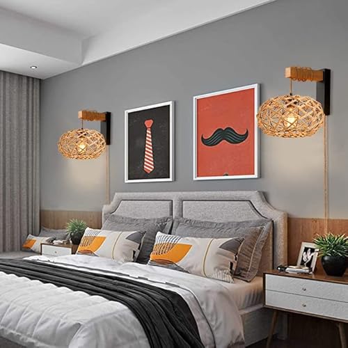 Plug In Wall Sconces Rattan Boho Decor Wall Sconce Set Of Two Woven Wicker Wall Lamp With Plug In Cord Dimmable Hanging Lamps That Plug Into Wall Outlet Rustic Wall Lamp Light For Bedroom Living Room #TOP5