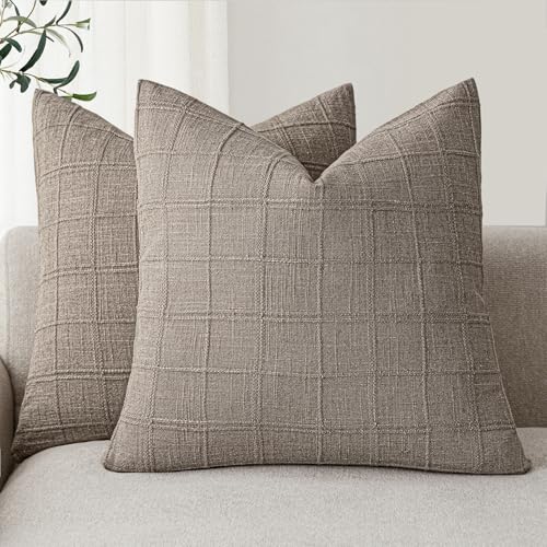 Image of Foindtower Set of 2 Decorative Linen Check Throw Pillow Covers Neutral Farmhouse Vintage Cushion Covers Modern Boho Home Decor for Sofa Chair Couch Bedroom Living Room,26x26 Inch,Tan Taupe
