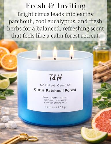 Citrus Patchouli Forest 3-Wick Soy Candle | 15.8 oz Large Scented Candle for Home | Clean Burn Long Lasting | Herbal Citrus Scent | Gift Ready — view 2