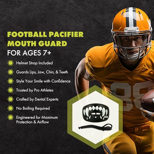 DAMAGE CONTROL Pacifier Mouthpiece – Football Mouthguard with Helmet Strap, Protects Teeth, Jaw & Mouth – Mouth Piece for Sports, No Boiling, Allows Airflow – Gear for Adults & Youth (Fangs)