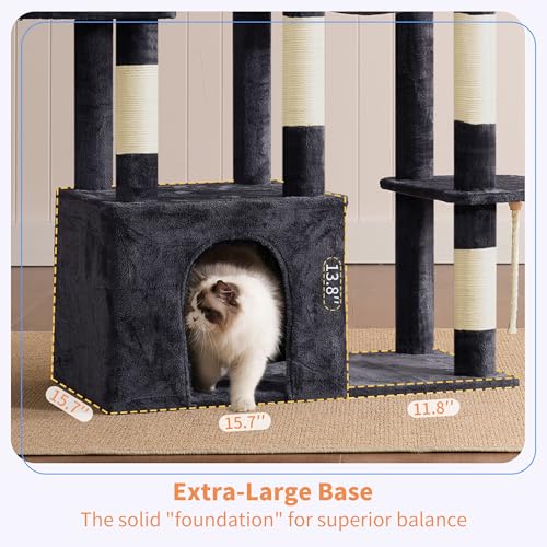 Heybly Heavy Duty Cat Tree, Tower for Indoor Cats large adult, Tall Cat Condo House with Extra-Large Baseboard, Multi-Level Plush Furniture with Scratching Posts, Hammock,Toy Balls, Smoky Grey HCT026G - Image 4