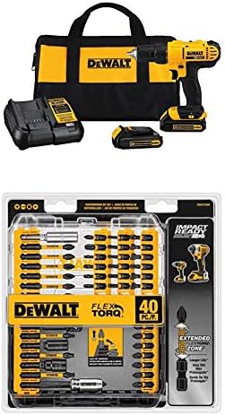 Dewalt DCD771C2 20V MAX Cordless Lithium-Ion 1/2 inch Compact Drill Driver Kit with IMPACT READY FlexTorq Screw Driving Set, 40-Piece
