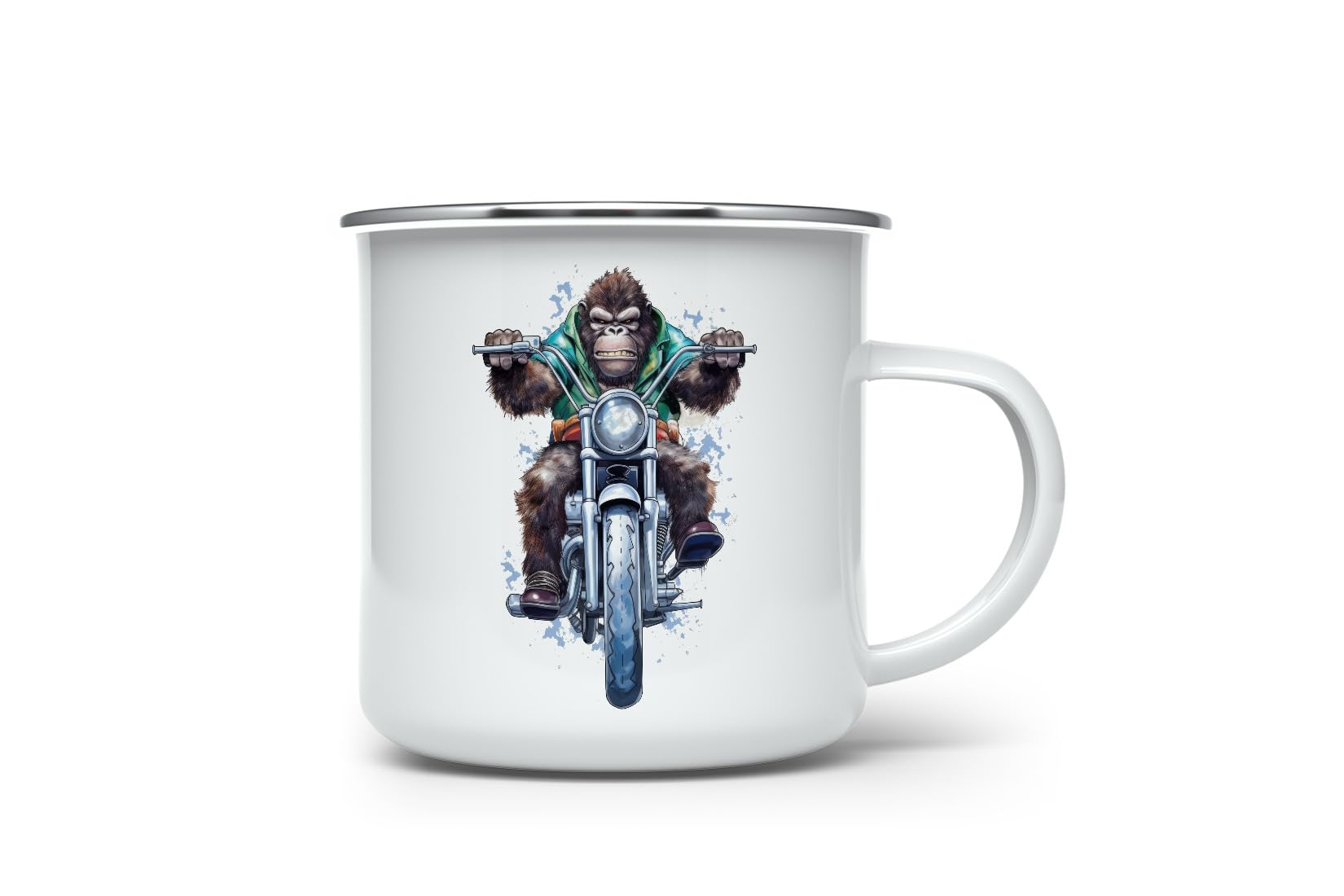 MAXIKIWI - Durable Enamel Coffee or Tea Camping Mug for Indoor Outdoor Use - Monkey Riding Motorbike - 350ml
