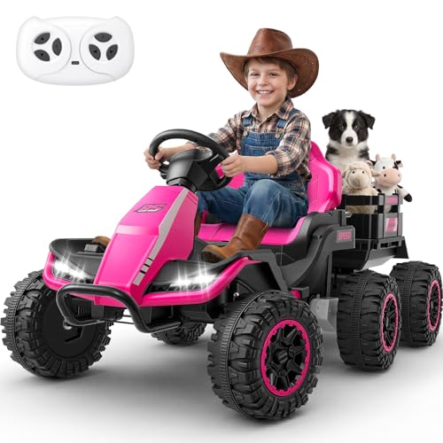 Image of Hikole 24V Ride on Toys Tractor for Kids 3+ w /Trailer, Electric Car, Pink
