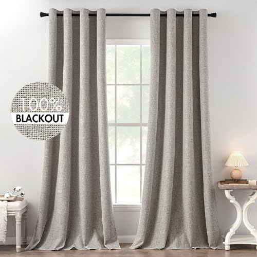 Image of MIULEE 100% Blackout Linen Textured Curtains for Bedroom Solid Thermal Insulated Warm Taupe Grommet Room Darkening Curtains & Drapes Luxury Decor for Living Room 52 x 120 Inch (2 Panels)
