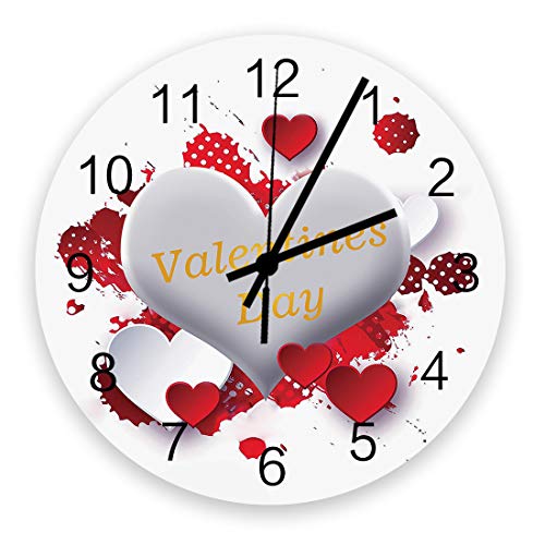 TAOGAN Valentines Wall Clock Heart Design Pattern Wood Clock Silent Non Ticking Red Heart Shape Polka Dot Round Clock Battery Operated Decorative Valentines Wall Clock
