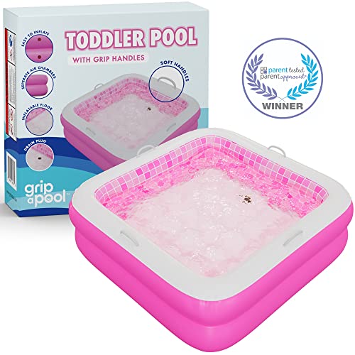 Inflatable Baby Pool With Grip Handle Bars And Blow Up Padded Floor With Drain - Small Square Kiddie Pool For Toddlers 1-3 Perfect Mini Bathtub And Ball Pit 34" Playful Pink #TOP1