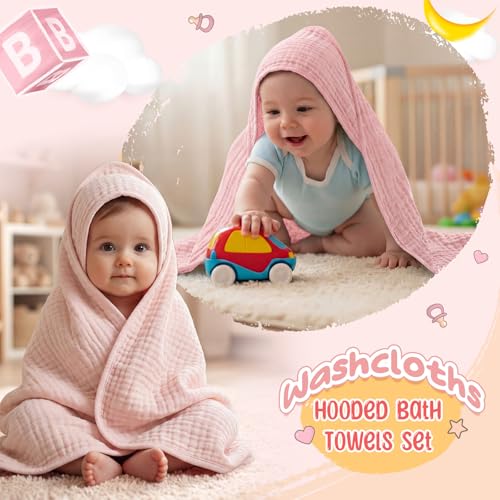 Image of Breling 12 Pcs Muslin Hooded Baby Bath Towel Set, Pink Series