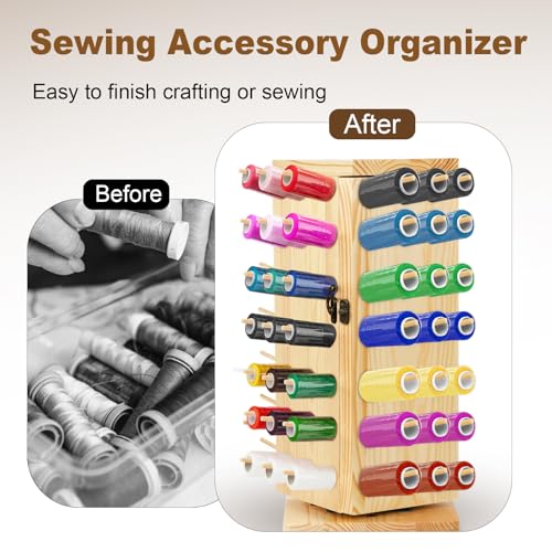 84-Spool Wooden Thread Holder Stand – 360° Rotating Thread Organizer for Sewing, Embroidery & Braiding – Natural Beech Wood Thread Rack with Secret Storage – Fits Mini King Spools - Thumbnail 3