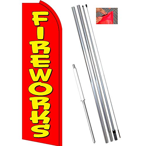 Fireworks (Red) Flutter Feather Flag Bundle (11.5' Tall Flag, 15' Tall Flagpole, Ground Mount Stake) #TOP7