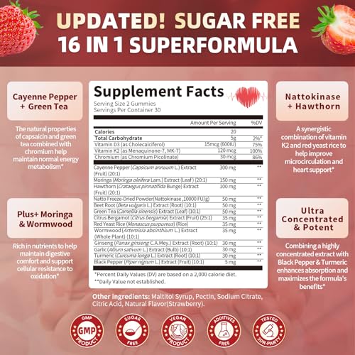 Image of (2 Pack)16 in 1 Cayenne Pepper Gummies- Sugar-Free Capsaicin Supplements Complex w /Moringa, Hawthorn, Beet Root - Plus Wormwood, Citrus Bergamot Support Circulation* & Overall Wellness* - 60 CT