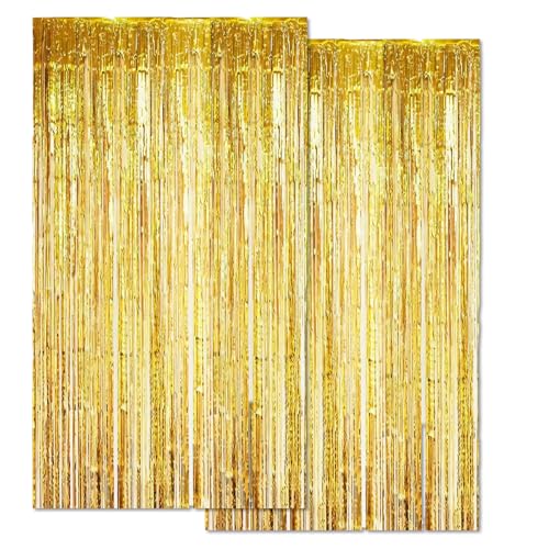 huoflame Lametta Vorhang 2 pc Glitzer Vorhang Silber Gold für Geburtstag Party Deko 2x2M Glänzende Folienvorhang Fotowand Hintergrund für Hochzeit Einschulung Jugendweihe Kindergeburtstag (Gold)
