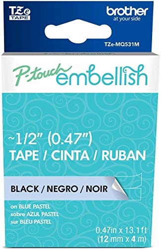 Image of Brother P-Touch Embellish Black Print on Pastel Blue Tape TZEMQ531M - ~ inch Wide x 13.1' Long for use with P-Touch Embellish Ribbon & Tape Printer