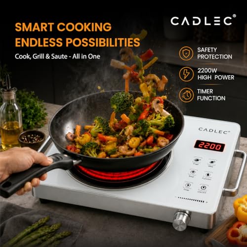 Image of Cadlec HeatBlaze 2200W Infrared Cooktop Stove with Grill Rack for Barbecue, Crystal Glass Plate, Digital Display, Touch Control, Infrared Hot Plate (Silver)
