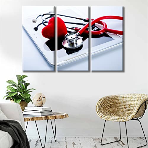 Image of TUMOVO Red Heart Stethoscope on Tablet PC Health Medical Technology Concepts Wall Decor 3 Panels Medical Pictures Wall Decor for Bedroom Framed Ready to Hang (36 inch Wx24 H)