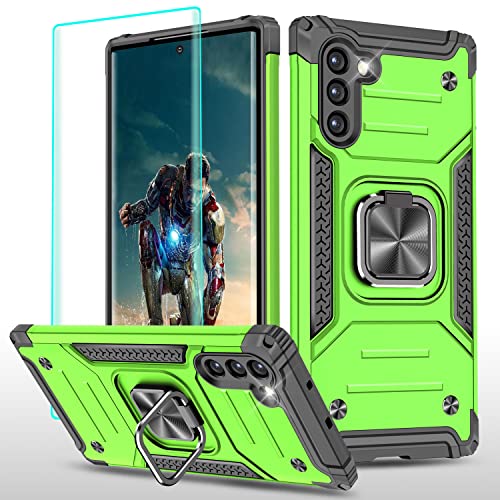 YmhxcY Galaxy Note 10 5G Case with 3D Curved Screen Protector, Armor Grade Case with Rotating Holder Kickstand Non-Slip Hybrid Rugged Phone Case for Galaxy Note 10-KK Green