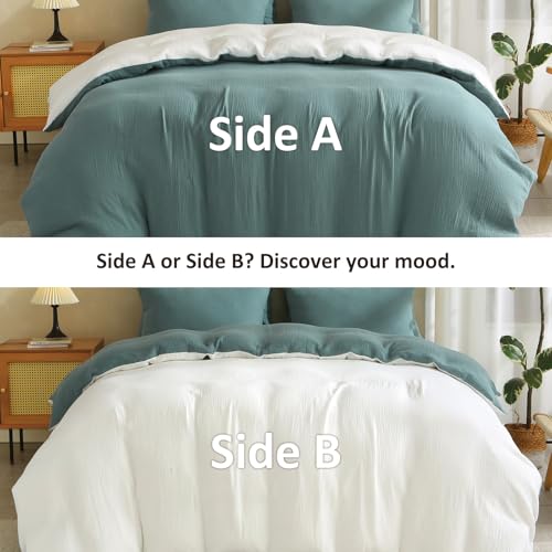 Image of EMME Cotton Muslin Duvet Cover Set Queen Size Linen Like Soft Breathable Lightweight Summer Comforter Cover Set with Zipper Closure (Teal&White, Queen, 90 inchx90 inch)
