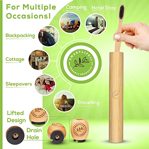 Bamboo Charcoal Toothbrush With Travel Case & Holder Kit - Extra Soft Natural Bristles For Sensitive Teeth | Eco Friendly Portable Wooden Travel Set | Organic Single Wood Toothbrushes Stand & Cover #TOP3
