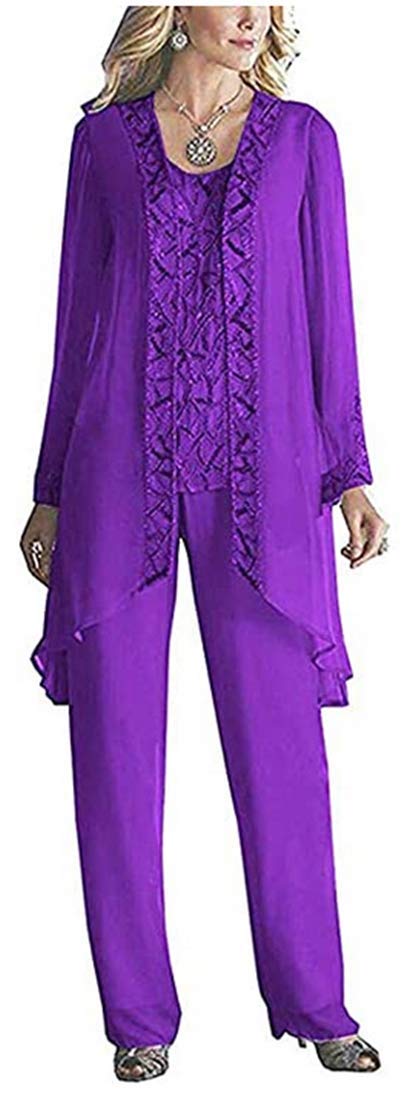Mother of The Bride Dress Beaded Chiffon Outfit 3 Pieces Pant Suits Formal Evening Gowns Purple
