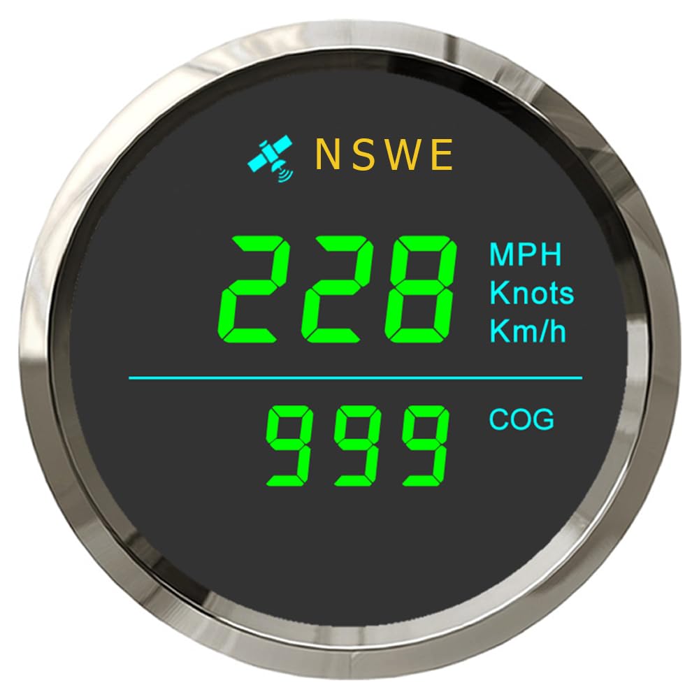 ELING 52mm GPS Speedometer 2'' Waterproof Speed Gauge Meter with Backlight 12V 24V for Boats Ships (black+stainless steel, green backlight)