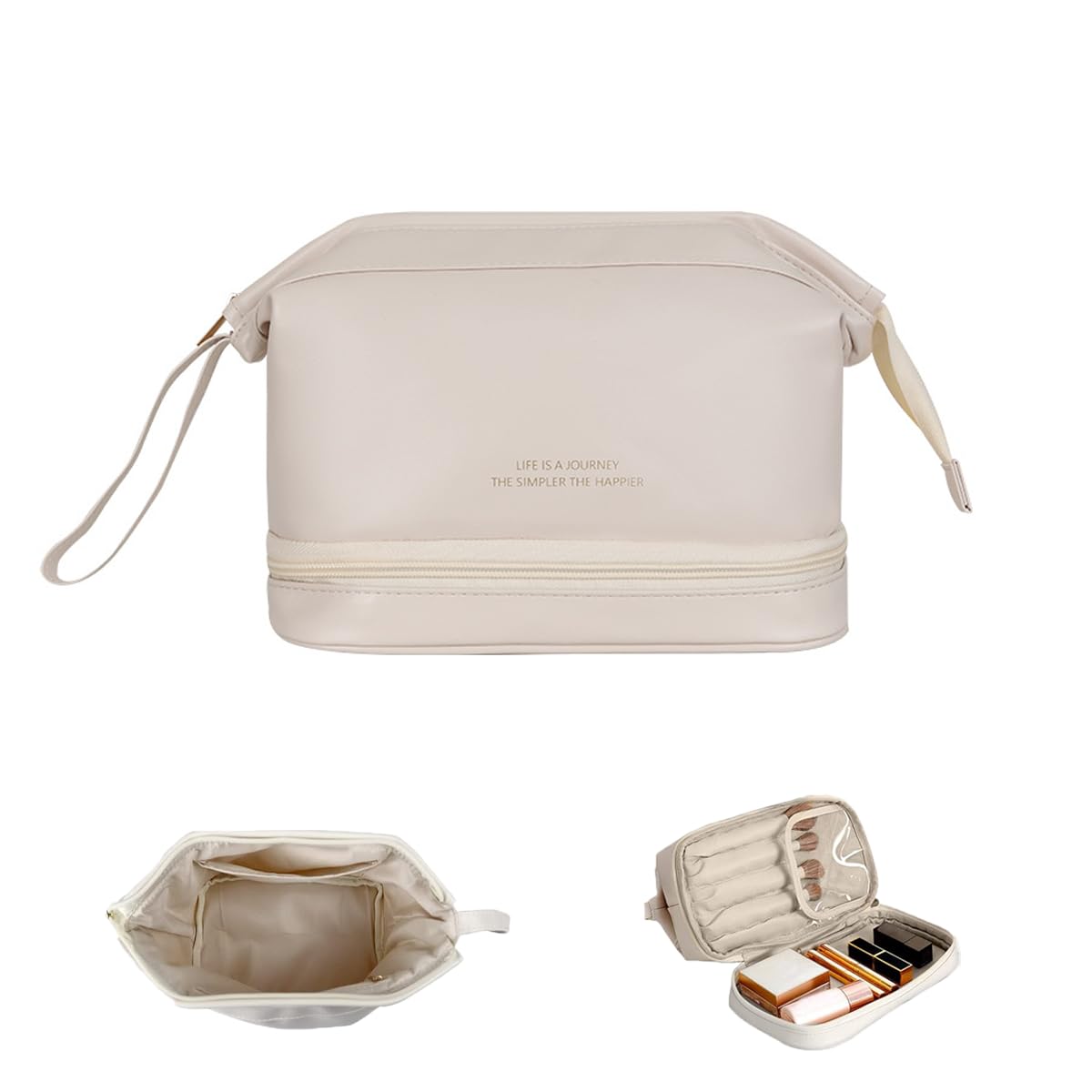 Pin Forest Travel Makeup Bag, Double Layer Waterproof Leather Cosmetic Bag, Large Makeup Bag, 2-in-1 Portable Travel Cosmetic Bag for Women and Girls (White)