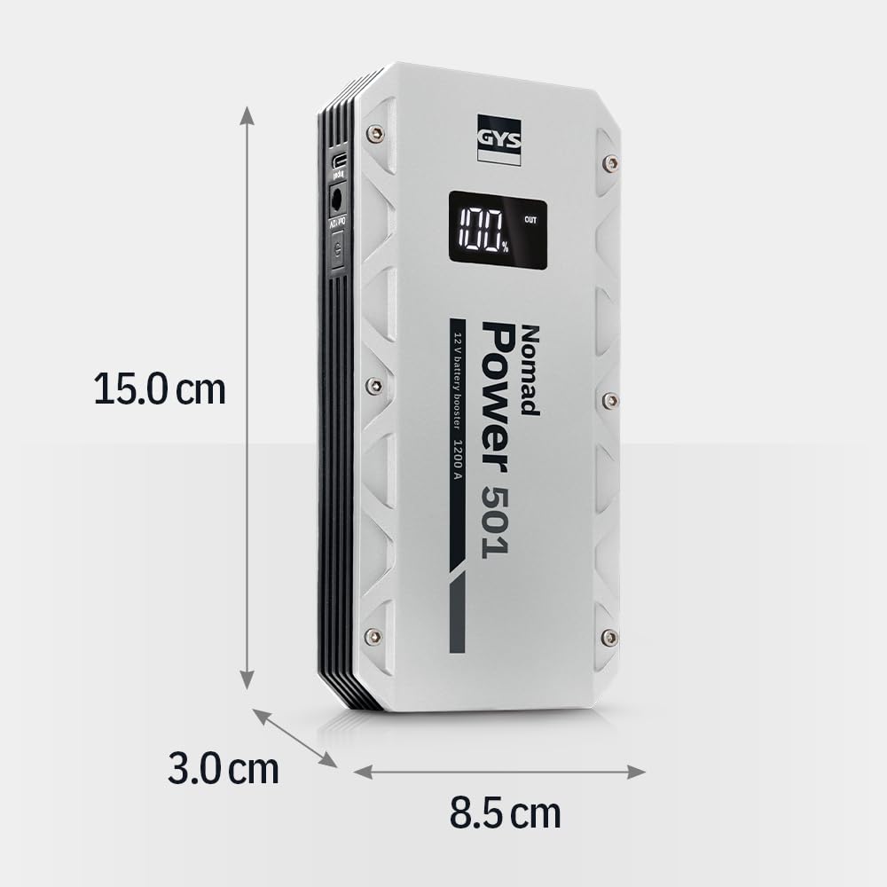GYS, Nomad Power 501, arrancador/Booster batería de Litio portátil 1500A, vehículos de 12 V (Motocicleta, Coche), Arranque Seguro, batería Externa de 5,25 Ah (PowerBank), lámpara LED, Pantalla LCD