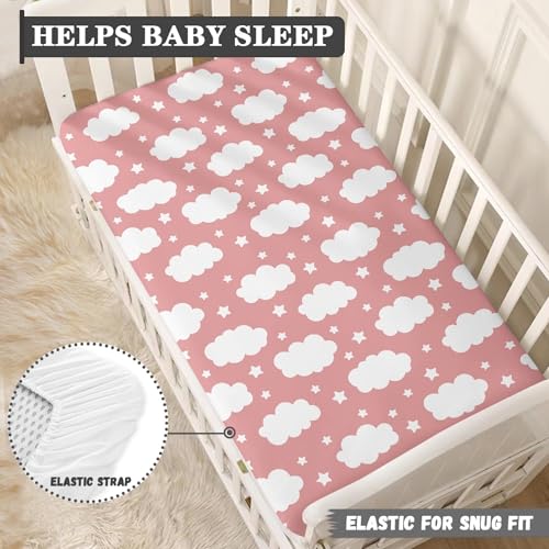 Image of Clouds Baby Crib Sheets for Boys Girls Pink Fitted Crib Sheet for Standard Crib and Toddler Mattress Cute Cloud Baby Mattress Sheets Toddler Bed Sheet 52x28x8 in