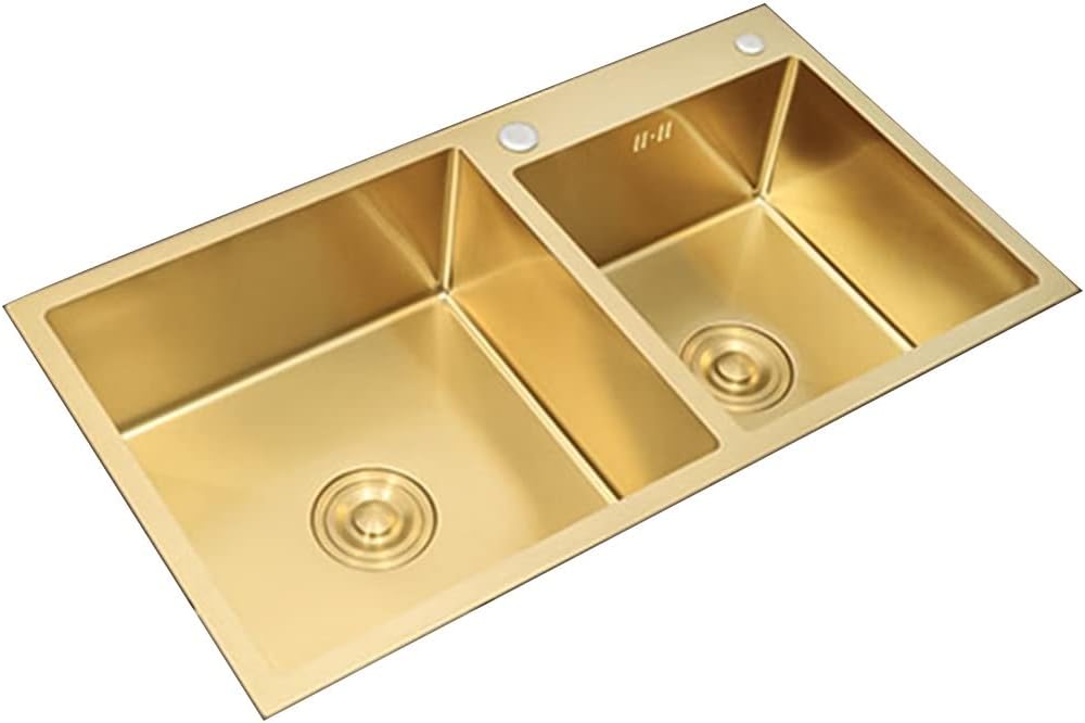 Kitchen Bar Stainless Steel Double Bowl Sink Wet Bar & Prep Sink with Drain Basket & Drain Top Mount or Undermount/Gold/75 * 40 * 22Cm,Gold-78 * 43 * 22Cm