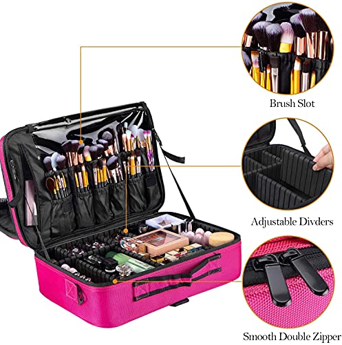 Image of Adson Large Makeup Bag 3 Layers Professional Train Cosmetic Bag Makeup Organizer Case Portable Artist Storage Brush Box with Adjustable Dividers and Strap for Makeup Accessories (Pink)