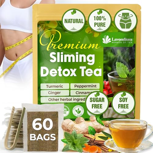 Lavendium 60 Bags SIimming Detox Tea Caffeine Free - Herbal Tea with Chamomile Hibiscus Tea & Ginger Root for Colon Cleanse Natural Citrus & Cinnamon Herbal Tea for Digestive Health