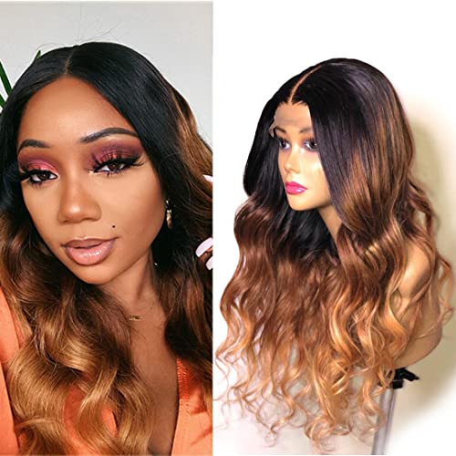 1B 4 27 Human Hair Wig Ombre Body Wave Closure Wigs 4X4 Free Part With Baby Hair Preplucked Bleached Konts Black To Brown To Honey Blonde 3 Tone Ombre Wigs For Women Peruvian Natural Hair 20 Inch