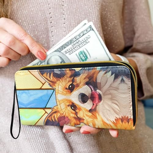 Corgi Puppy Long Wallet Credit Card Holder Clutch for Women, Mosaic Art Dog Print Ladies Purse Phone Case Slim Purse with Wrist Strap3