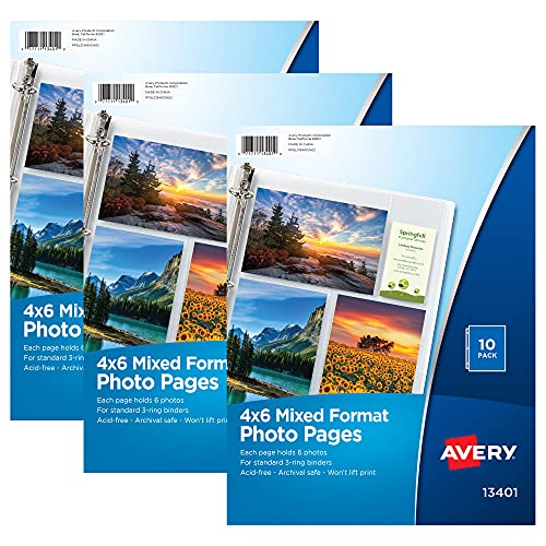 Avery Clear Mixed Format Photo Pages For 3 Ring Binder, Acid Free, Holds 4” X 6” Photos, 10 Per Pack, 3 Packs, 30 Photo Protectors Total (01670) #TOP17