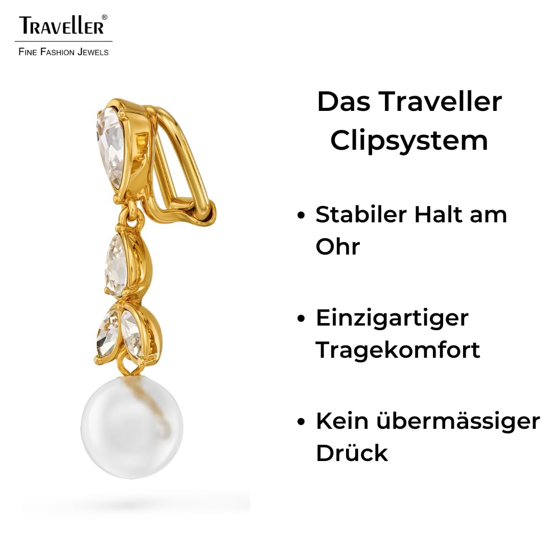 Traveller Ohrclips - Hänger - Damen - 22kt Vergoldet - Perle - Ø 10mm - Weiß - Kristalle - 35x10mm - 114363