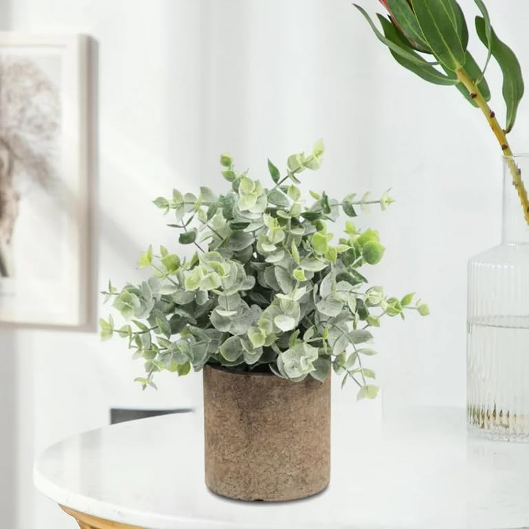 Image of Artificial Potted Plants Eucalyptus Fake Plants in Pots Small House Plants 9.45 inch Tall for Indoor Greenery Tabletop Decor Centerpiece