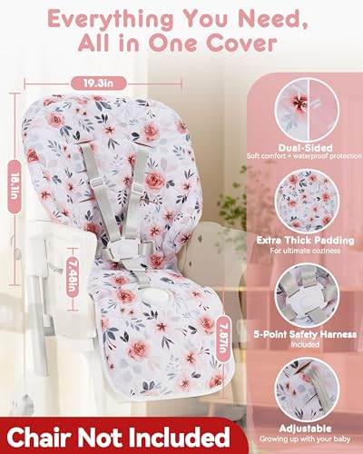 Image of Baby High Chair Cover Replacement, Reversible & Waterproof High Chair Cushion Pad Home & Restaurant use, Includes 5-Point Harness Strap, Chair Not Included - Pink