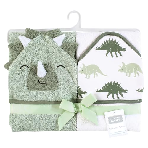 Image of Hudson Baby Infant Boy Cotton Animal Face Hooded Towel, Neutral Dino World, One Size