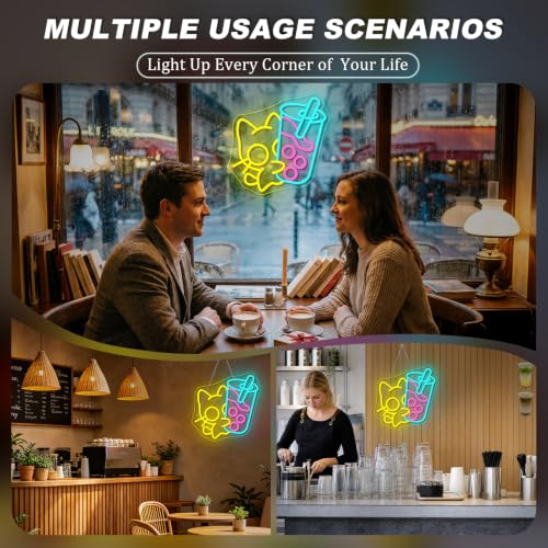 Image of Looklight Cat Boba Tea Neon Sign Yellow Cute Kitty Bubble Tea Neon Signs for Wall Decor LED Neon Light Bar Sign Light Up Signs for Dimsum Store Bar Milk Tea Shop