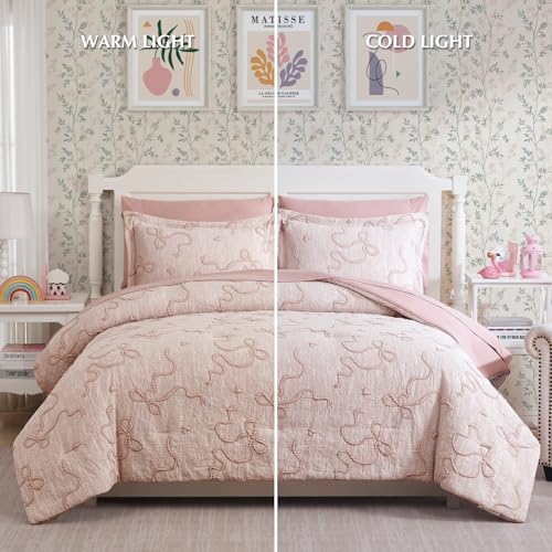 Image of Twin Comforter Set for Girls - 5 Pieces Pink Bedding Set Bow Bed in a Bag