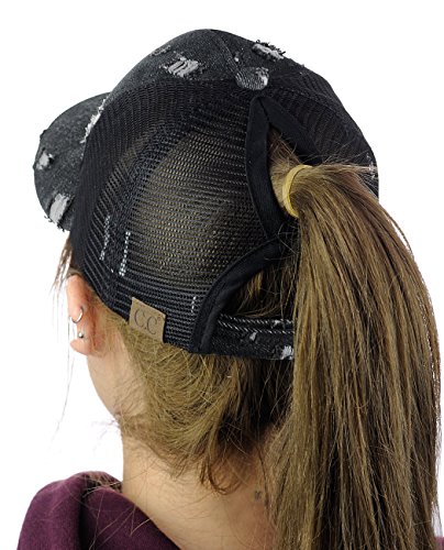 C.C Ponycap Messy High Bun Ponytail Distressed Vintage Mesh Trucker Baseball Cap, Black